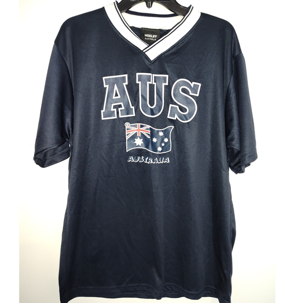 Hoxley Australia Mens Navy Blue AUS Flag Graphic Jersey Shirt V-Neck Large